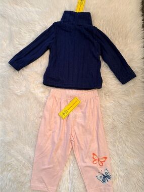 SHEIN Navy Turtleneck Top and Light Pink Butterfly Pajama Set